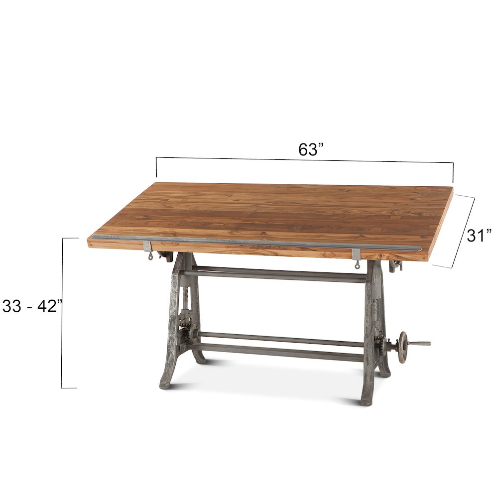 Artezia 62-Inch Reclaimed Teak Wood Drafting Desk with Adjustable Crank. Picture 3