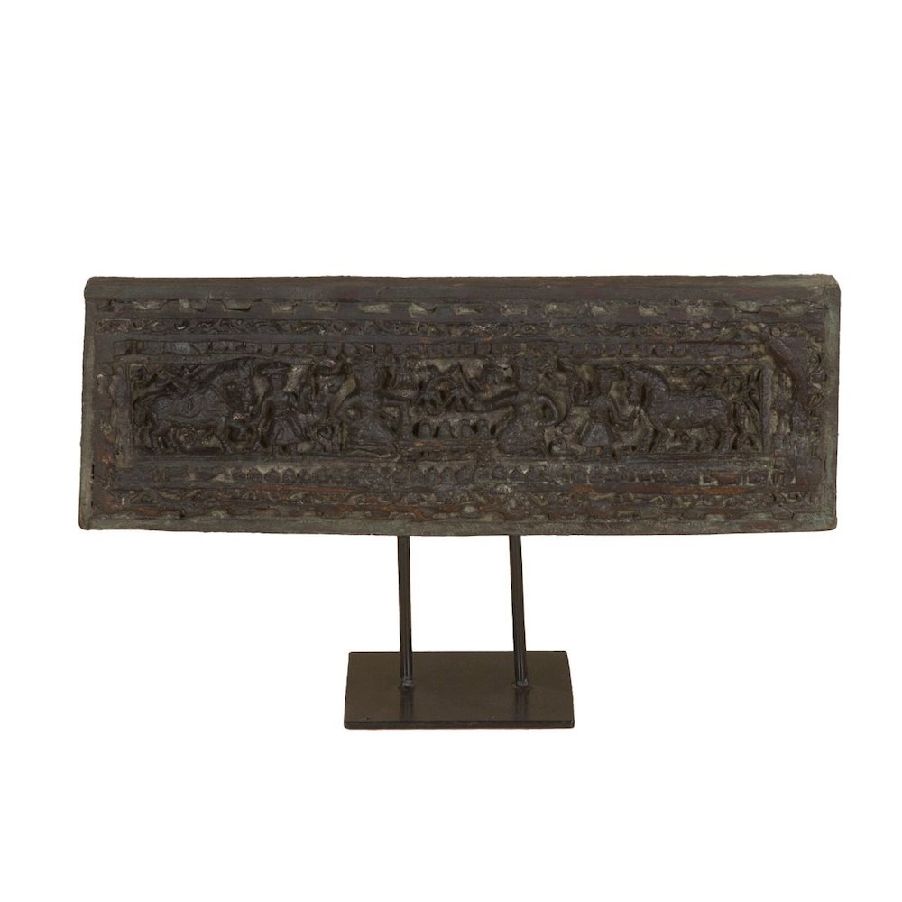 Curio 20" Carved Wood Panel on Iron Stand. Picture 1