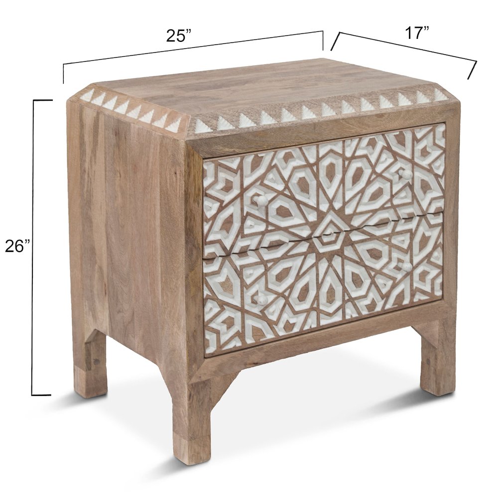 Haveli Geometric Carved Nightstand in Natural White. Picture 2