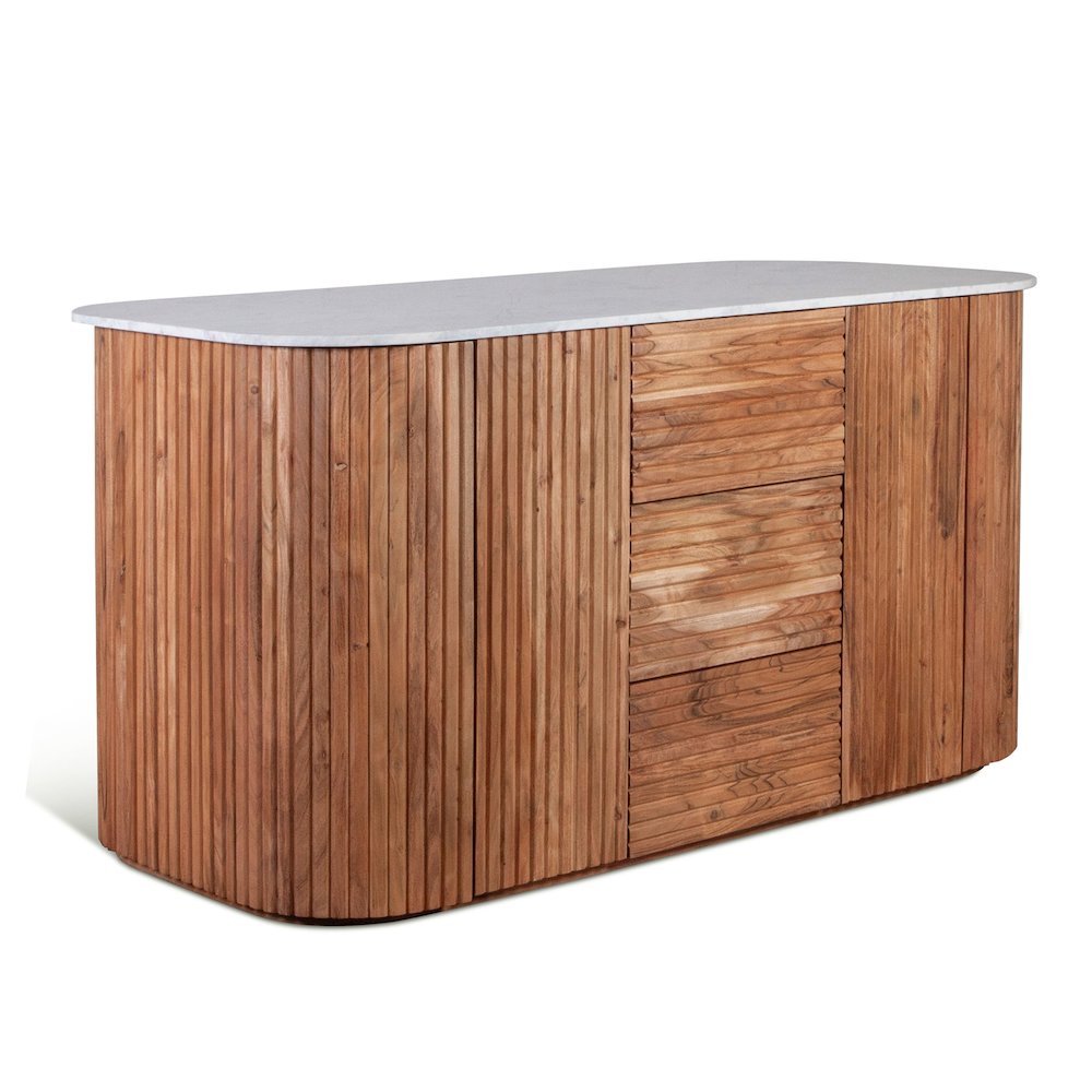 Kensington 68" Kitchen Island in Natural Acacia with White Marble Top. Picture 1