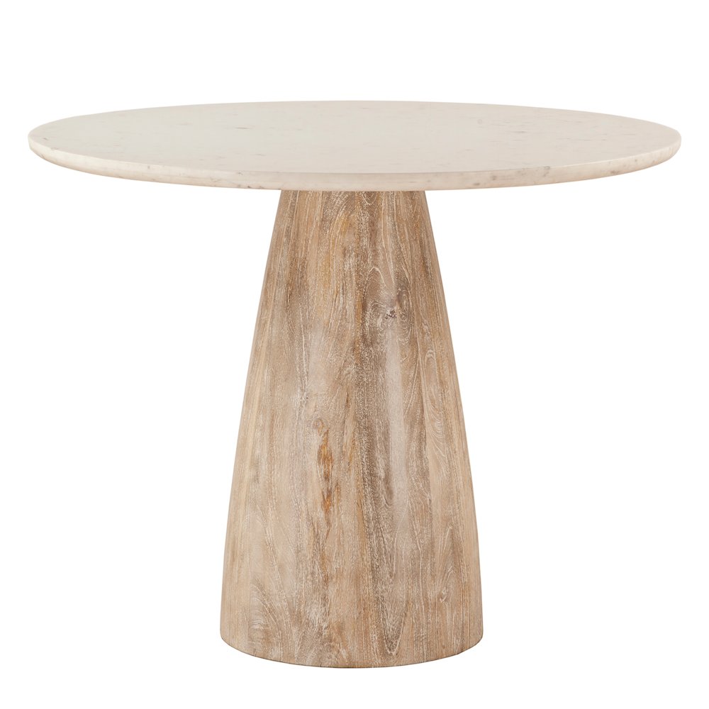 Palm Desert Natural White Marble Dining Table with Modern Washed Wood Base. Picture 2