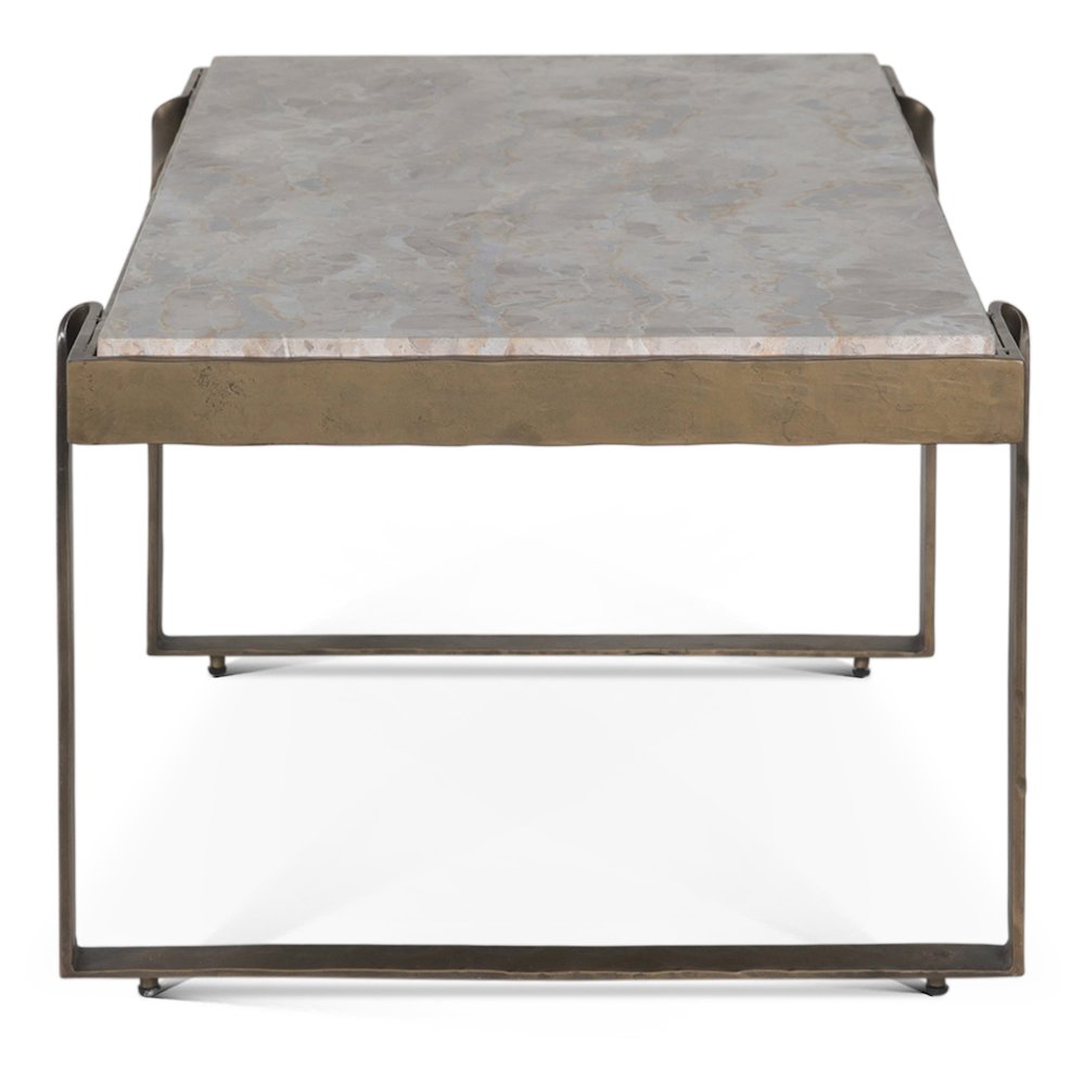 Rhodes 49" Coffee Table with Capri Beige Marble Top and Antique Brass Base. Picture 3