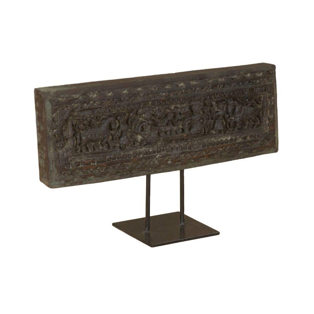 Curio 20" Carved Wood Panel on Iron Stand. Picture 2