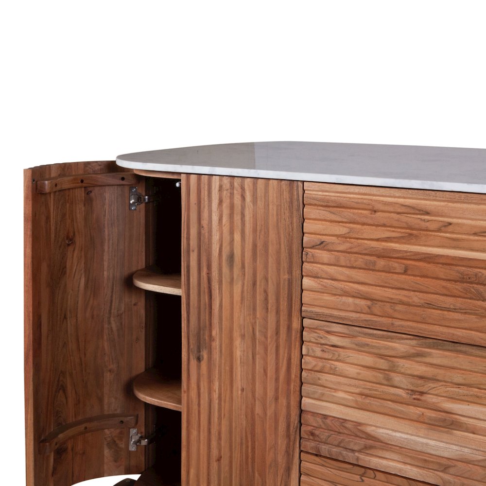 Kensington 68" Kitchen Island in Natural Acacia with White Marble Top. Picture 5