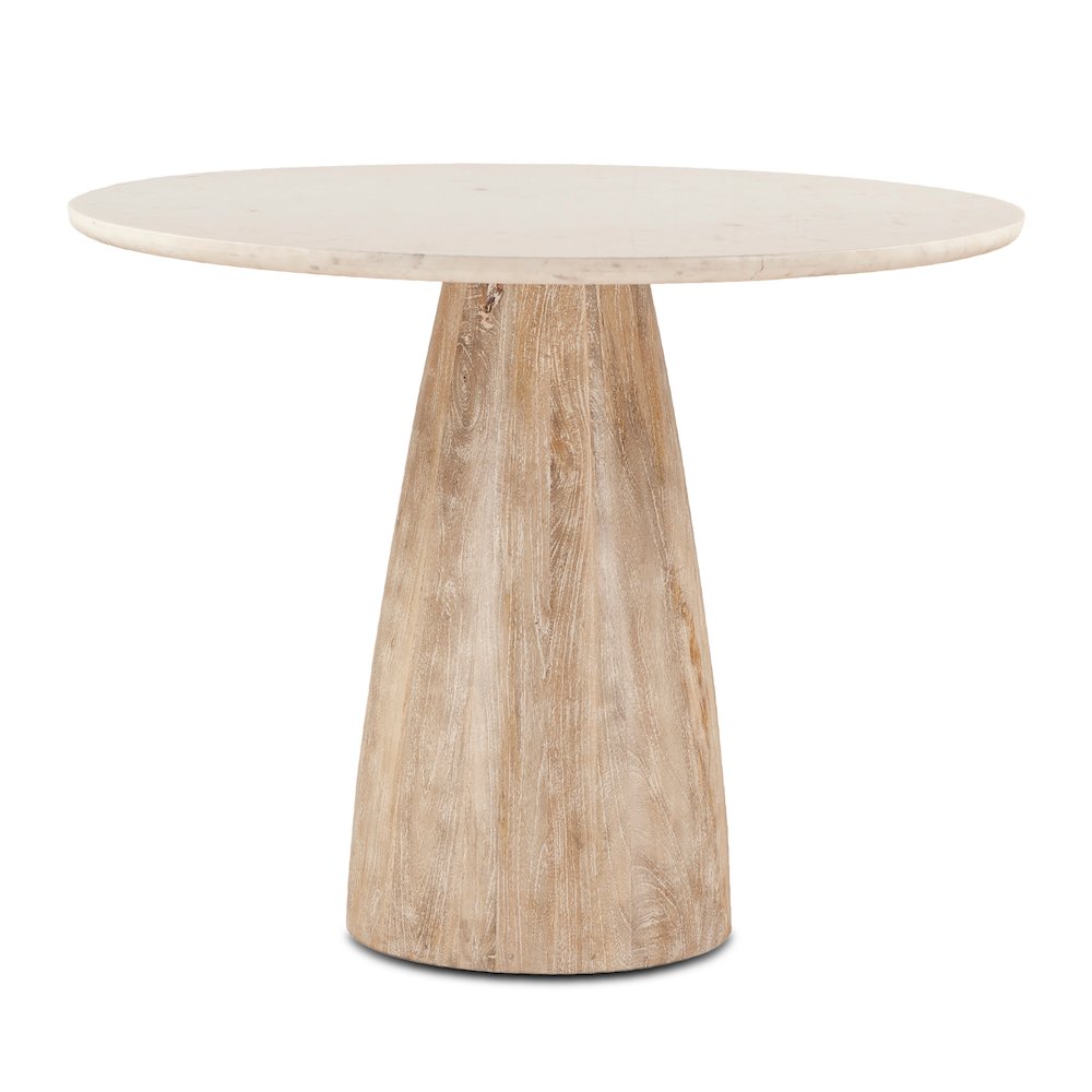 Palm Desert Natural White Marble Dining Table with Modern Washed Wood Base. Picture 1