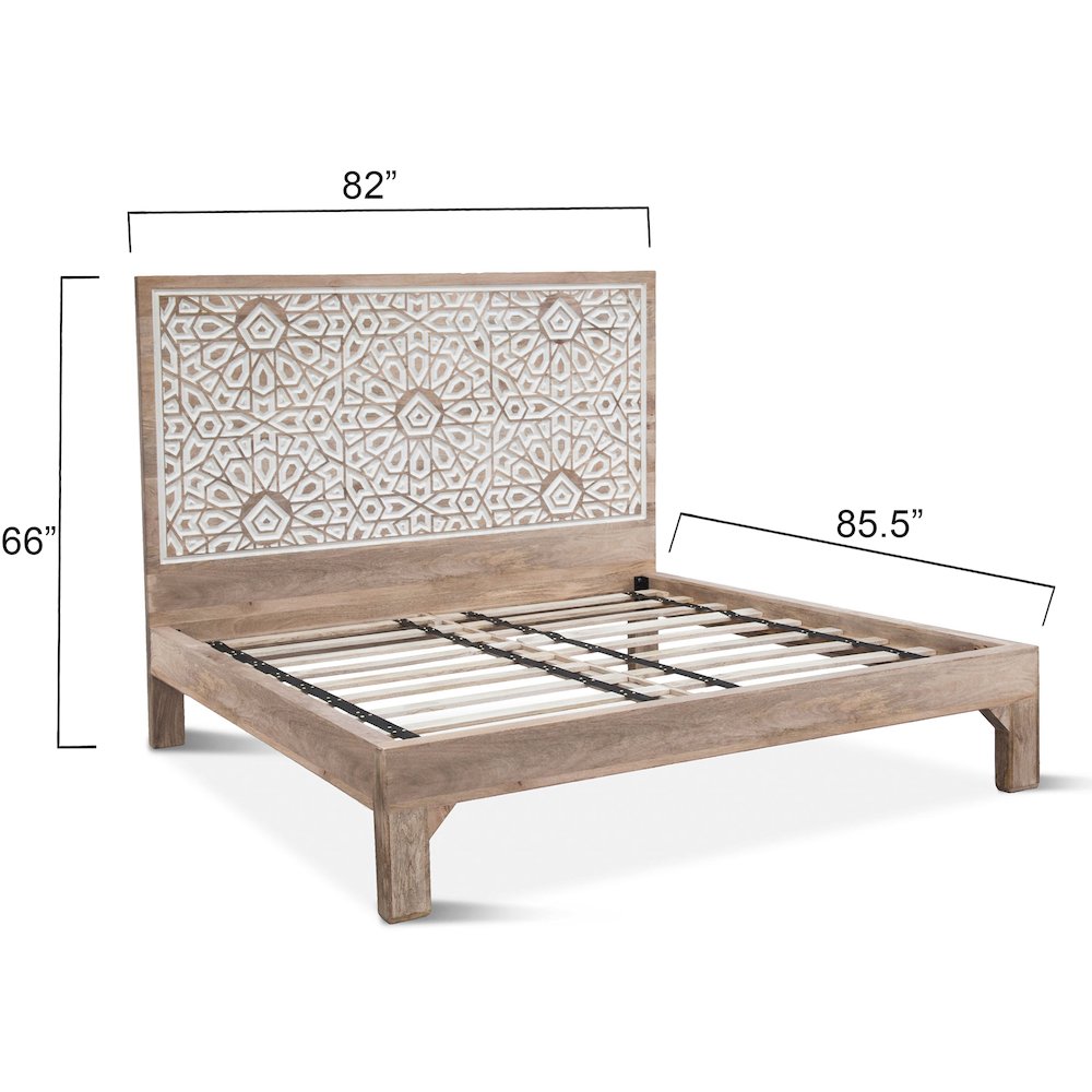 Haveli Mango Wood Geometric Carved King Bed. Picture 4
