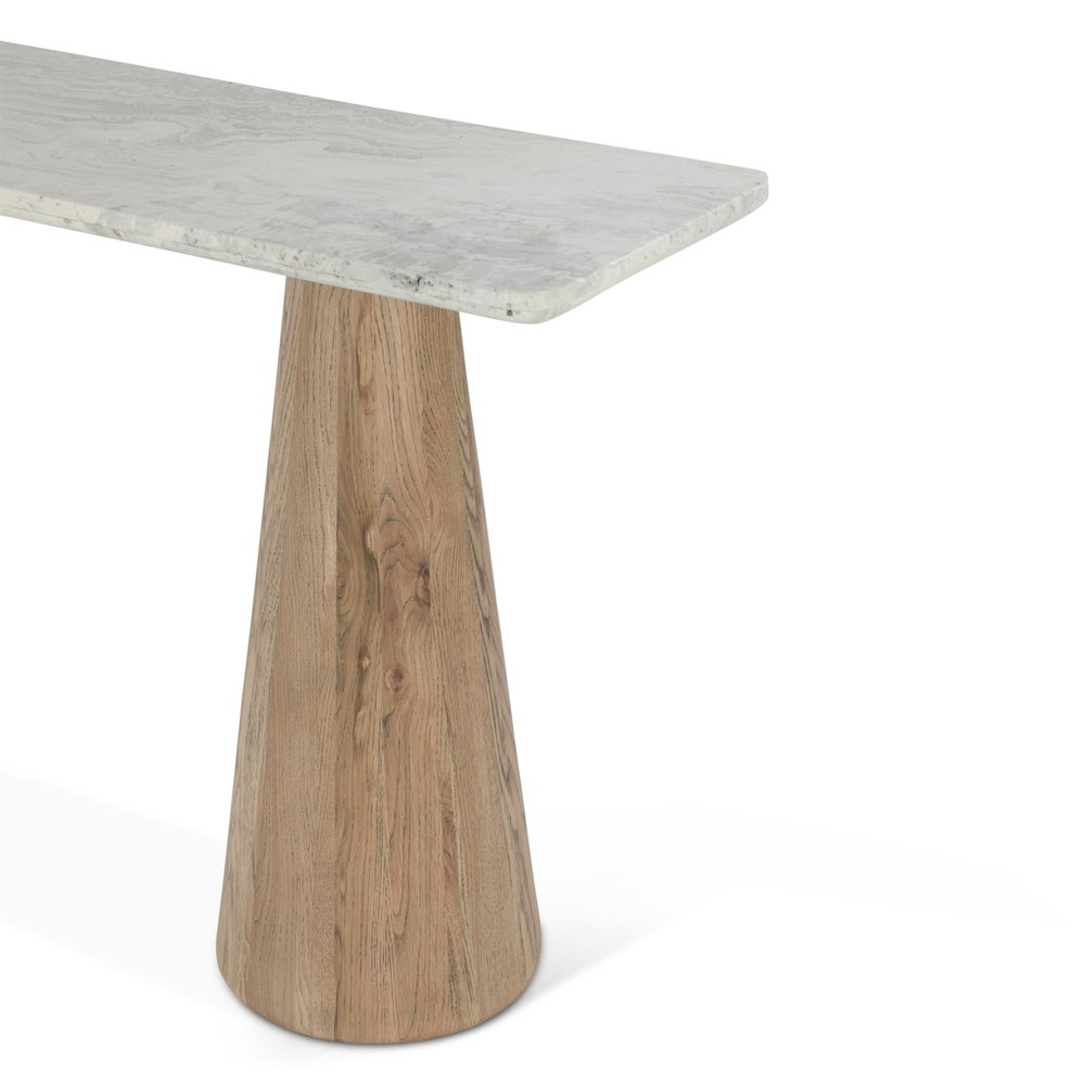 Caldera Console Table with White Travertine and Light Oak Base. Picture 2