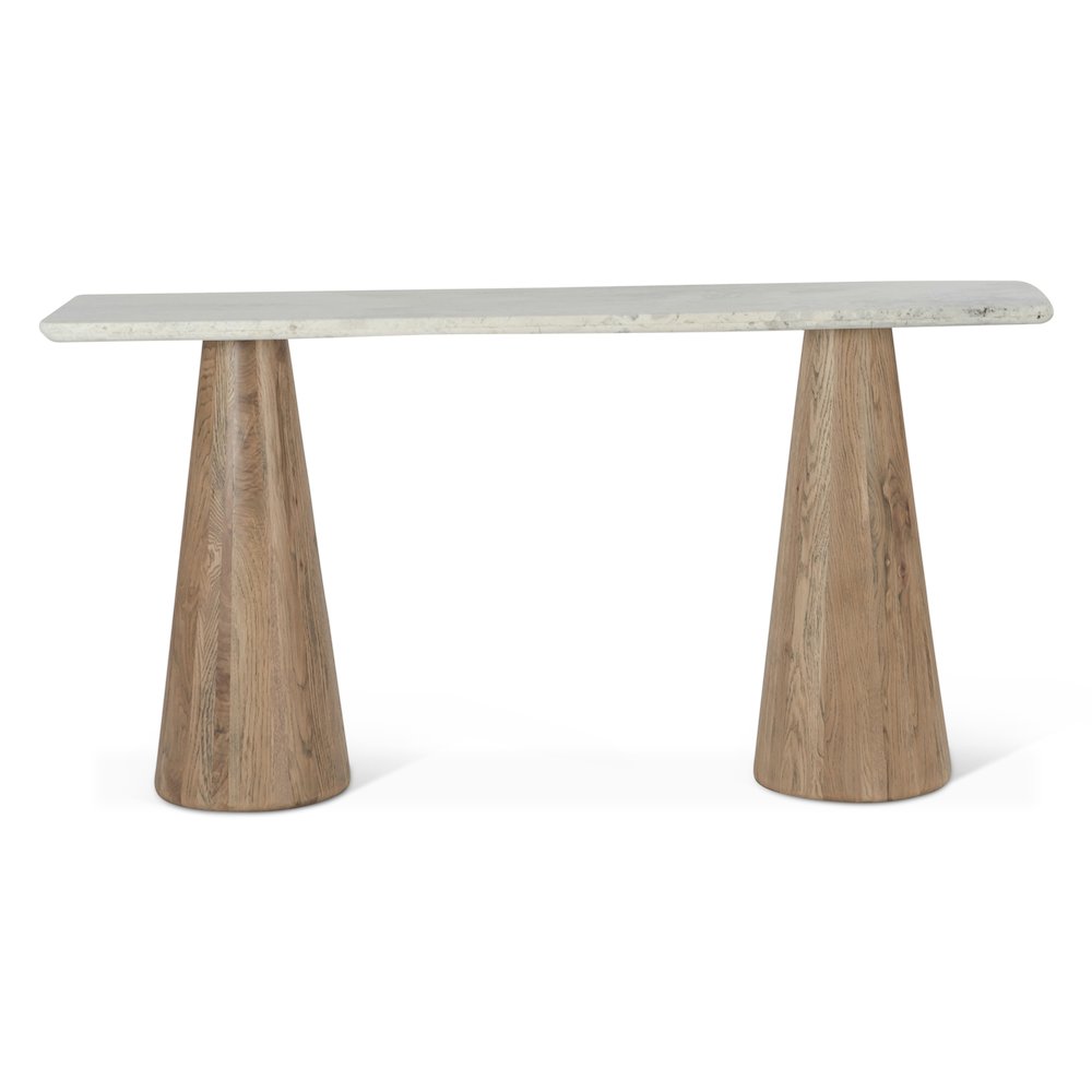 Caldera Console Table with White Travertine and Light Oak Base. Picture 5