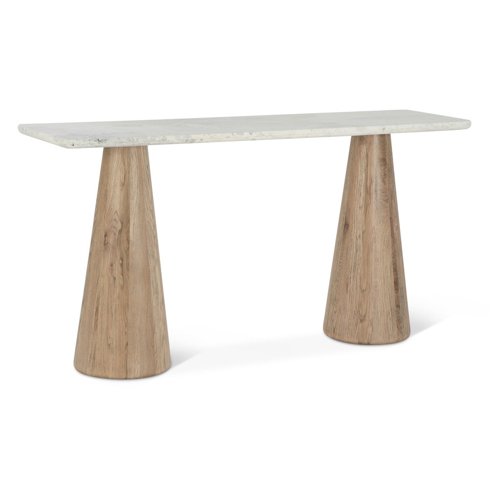 Caldera Console Table with White Travertine and Light Oak Base. Picture 1