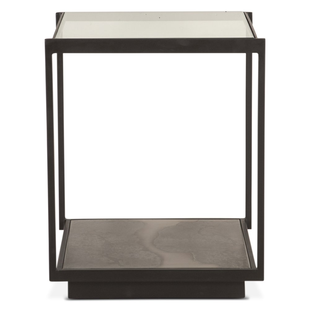 St. George 18" Side Table with Glass Top in Oxidized Black. Picture 1