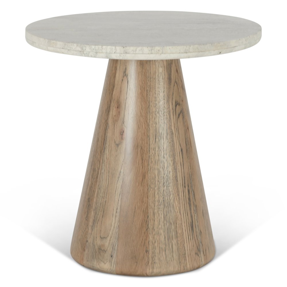 Caldera Side Table in White Travertine and Light Oak. Picture 1