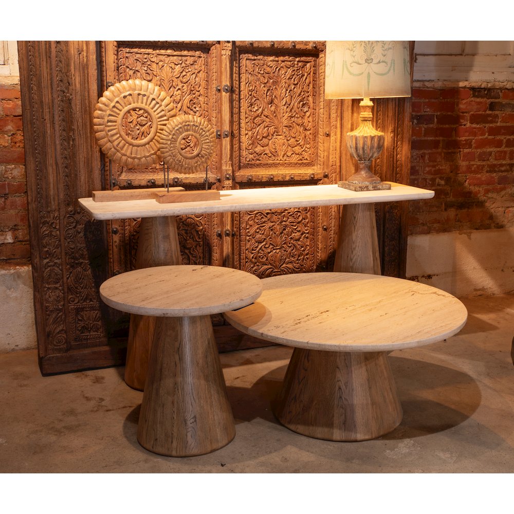 Caldera Console Table with White Travertine and Light Oak Base. Picture 6