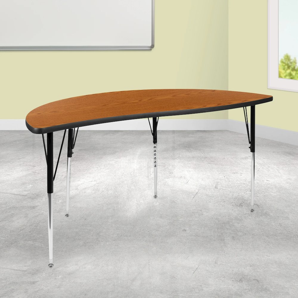 Mobile 60" Half Circle Wave Flexible Collaborative Oak Thermal Laminate Activity Table - Standard Height Adjustable Legs. Picture 2