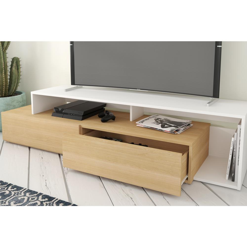 72-Inch Tv Stand With 2 Drawers, Natural Maple & White. Picture 4