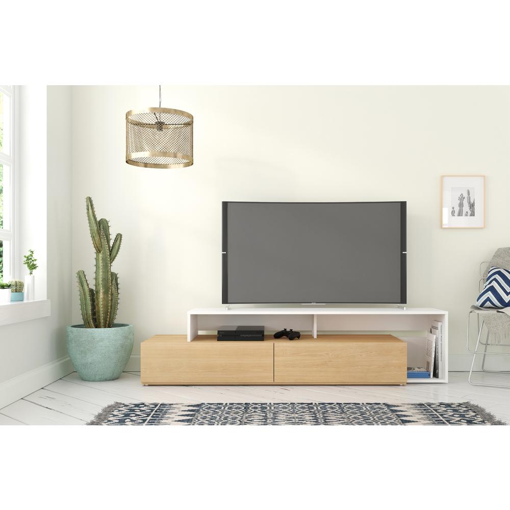 72-Inch Tv Stand With 2 Drawers, Natural Maple & White. Picture 3