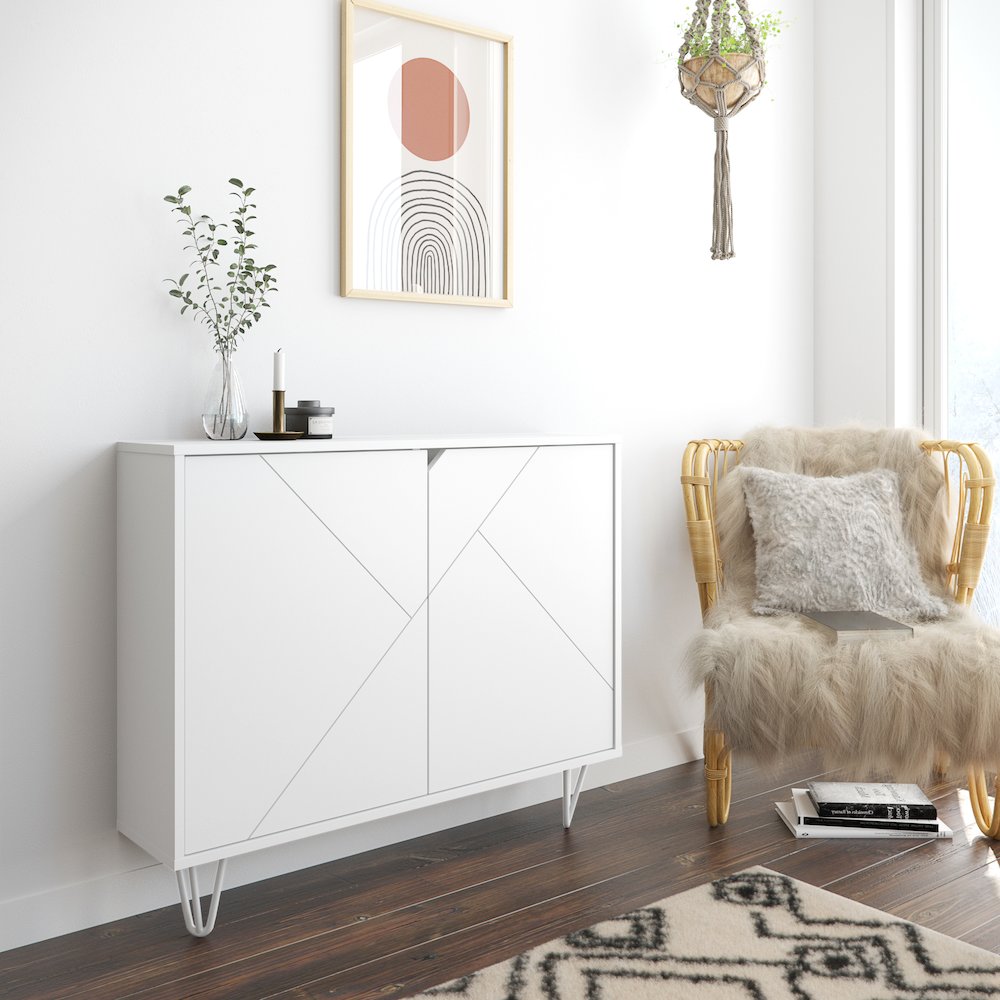 Slim 2-Door Storage Accent Cabinet, Floating And Wall Mount Bar In White. Picture 6