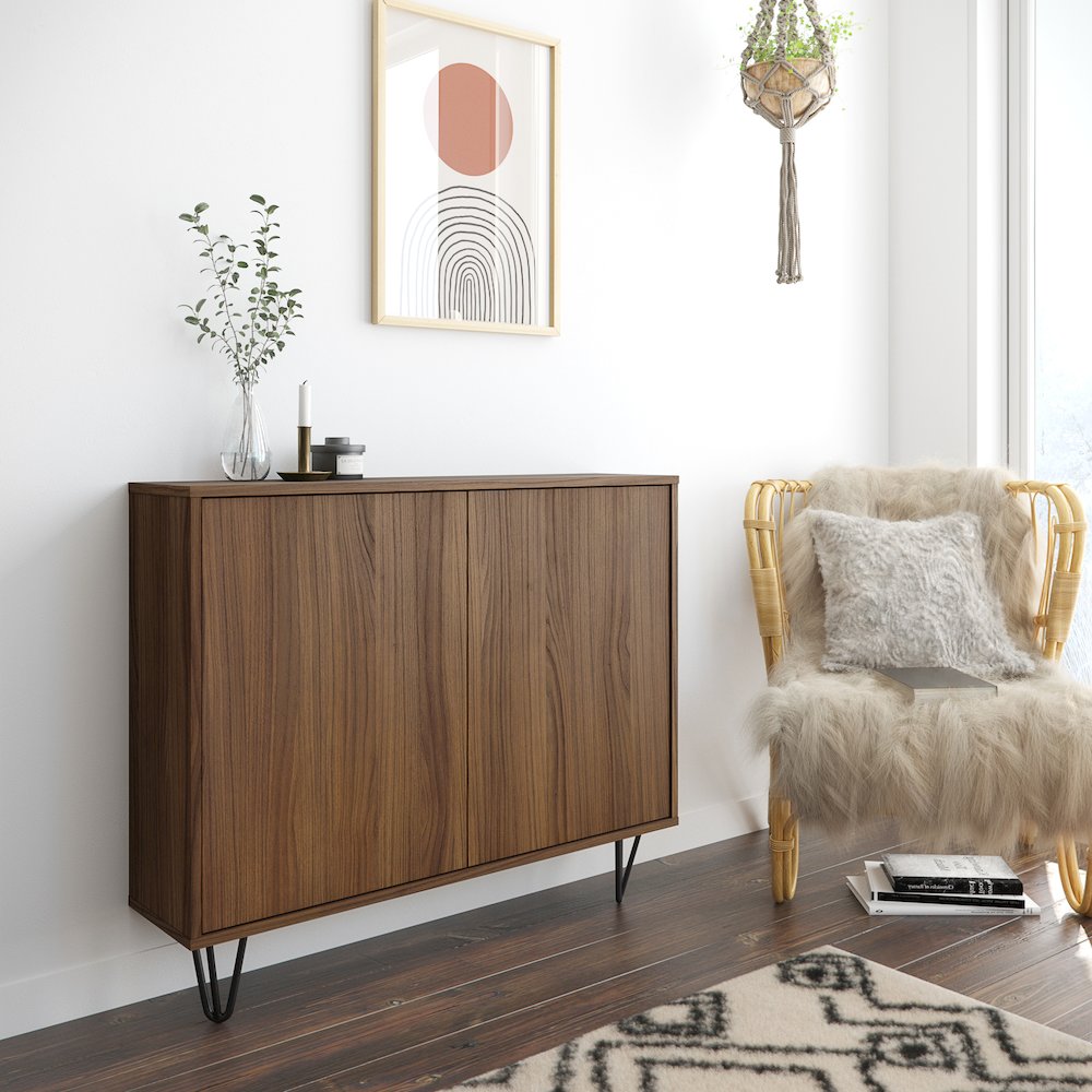 Slim 2-Door Storage Accent Cabinet, Floating And Wall Mount Bar In Walnut. Picture 4