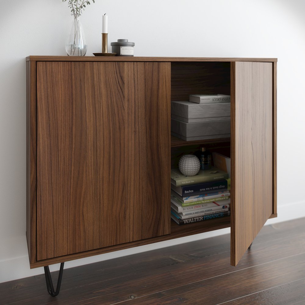Slim 2-Door Storage Accent Cabinet, Floating And Wall Mount Bar In Walnut. Picture 6