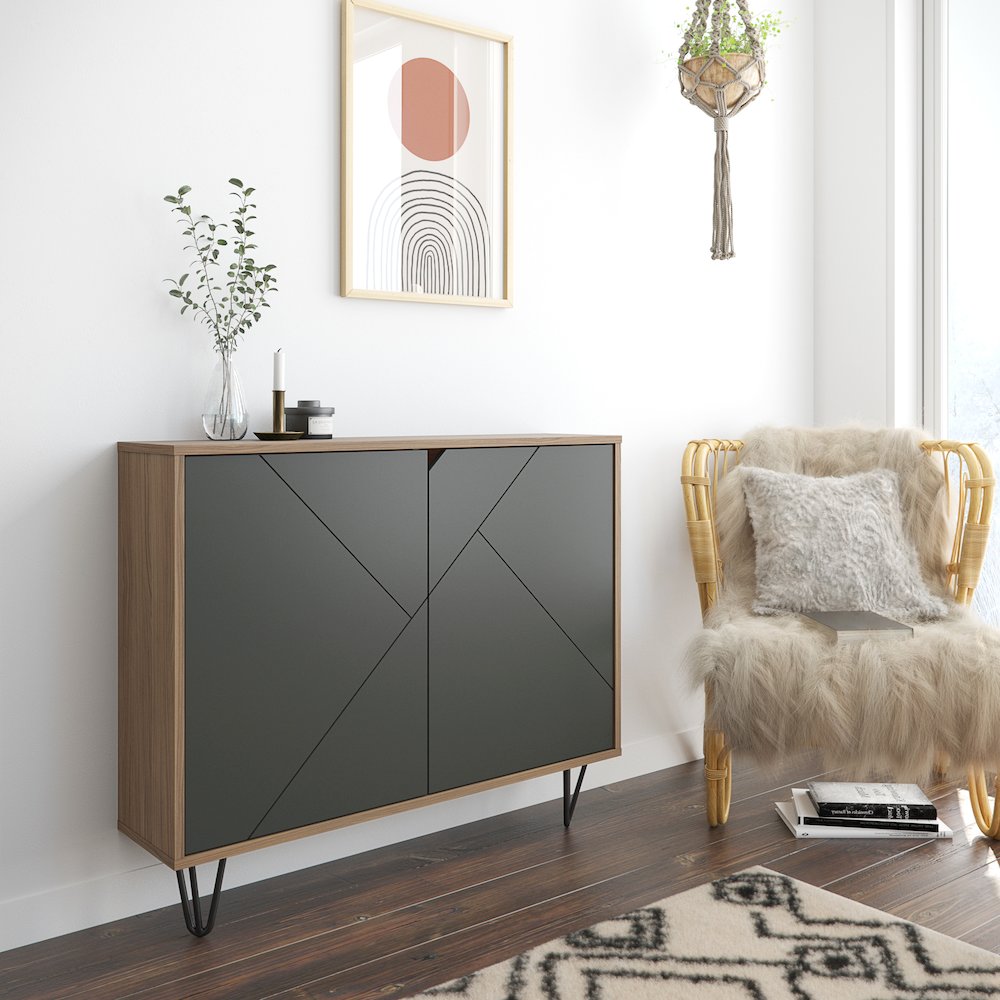 Slim 2-Door Storage Accent Cabinet, Floating And Wall Mount Bar, Nutmeg. Picture 4