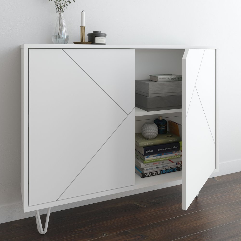 Slim 2-Door Storage Accent Cabinet, Floating And Wall Mount Bar In White. Picture 5