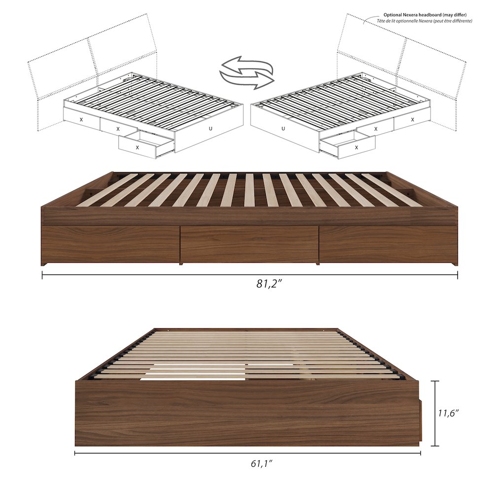 3-Drawer Storage Bed Frame, Queen|Walnut. Picture 8