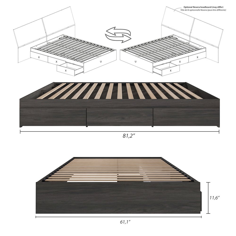 3-Drawer Storage Bed Frame, Queen|Bark Grey. Picture 8