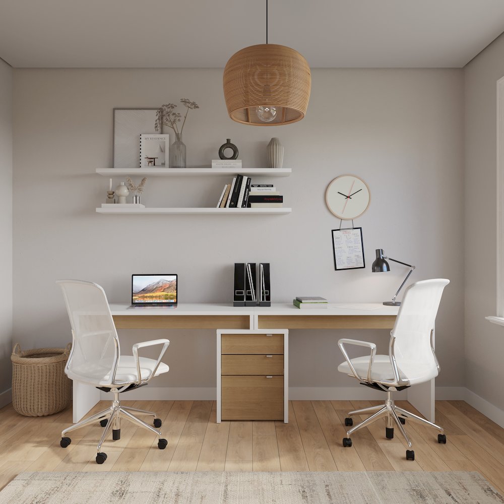 3-Piece Home Office With Multi-Purpose Storage & Desks, White & Natural Maple. Picture 4