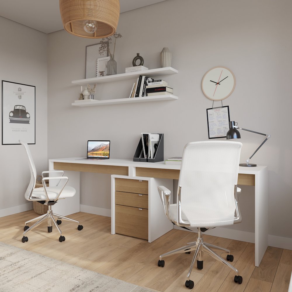 3-Piece Home Office With Multi-Purpose Storage & Desks, White & Natural Maple. Picture 3
