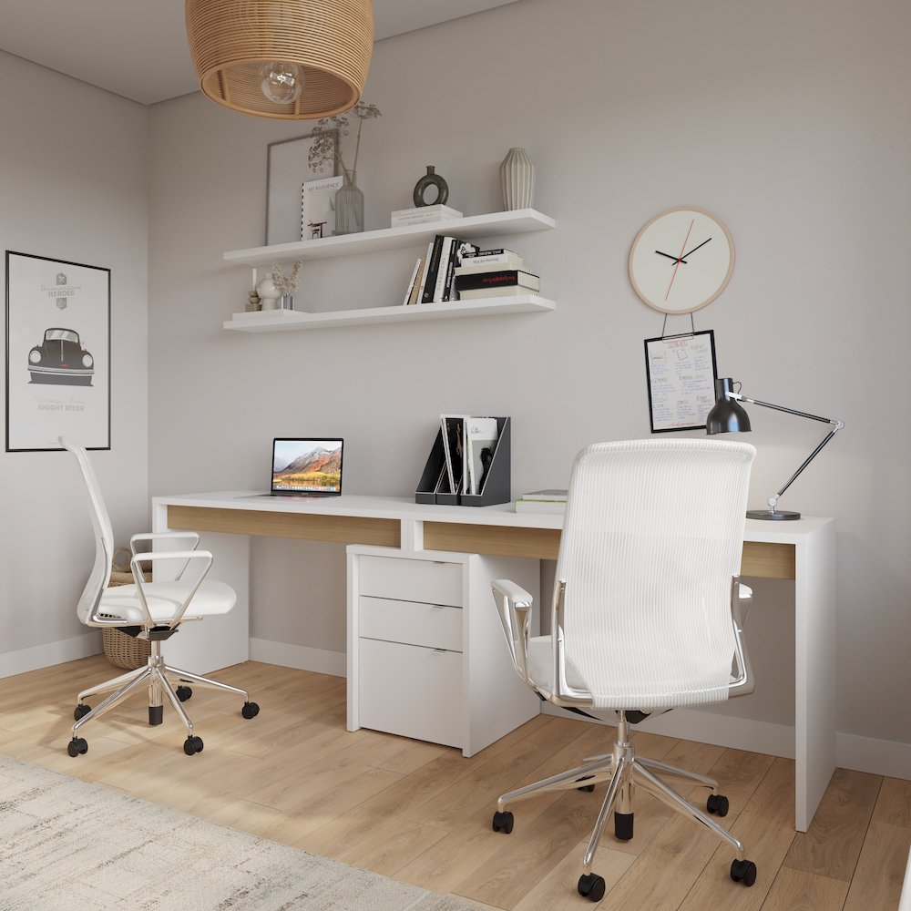 3-Piece Home Office With Multi-Purpose Storage & Desks, White & Natural Maple. Picture 5