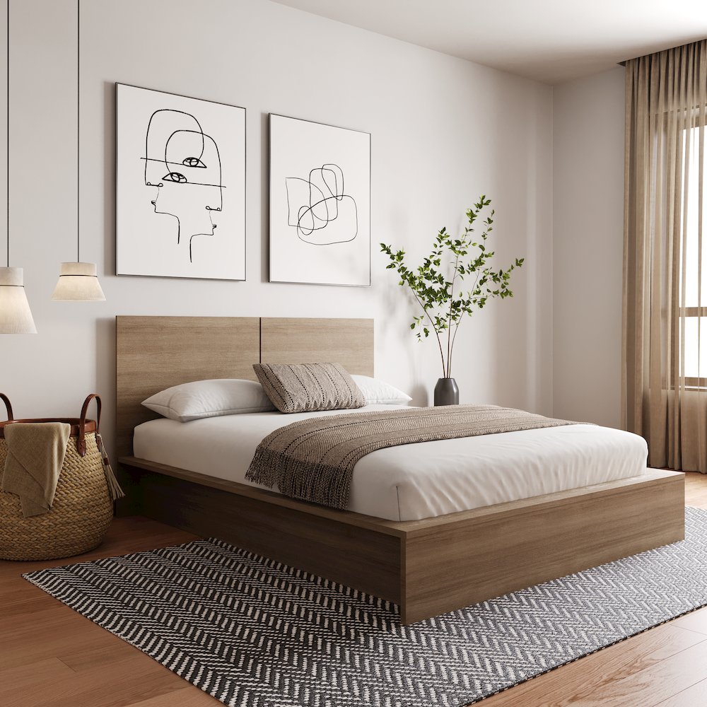James Platform Bed with Headboad In Brown Oak. Picture 4