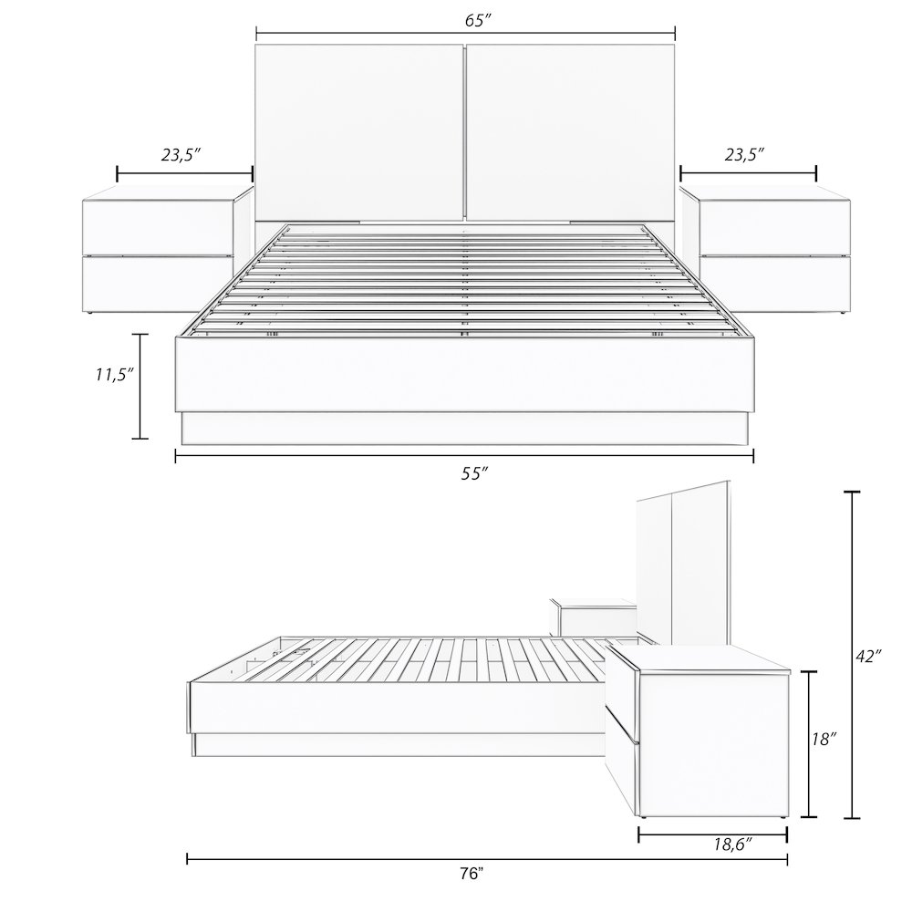 Douglas 4 Piece Bedroom Set with Headboard, Slatted Bedframe, 2 Nightstands. Picture 7