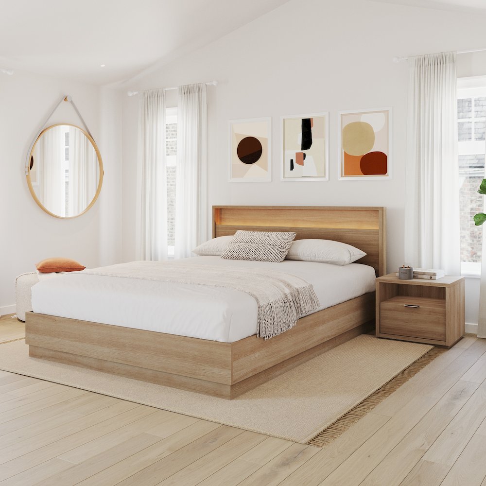 3 Piece Bedroom Set with Slatted Bedframe, Headboard with Integrated Light. Picture 4