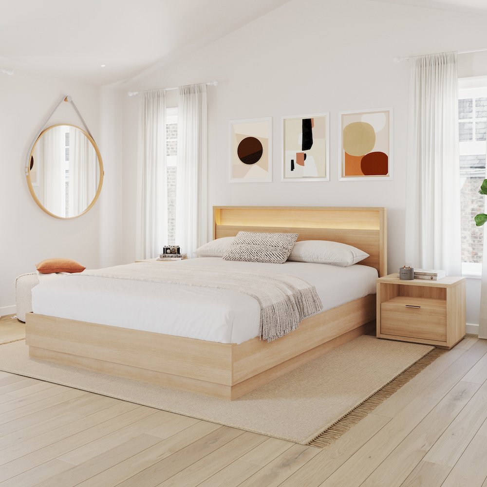 4 Piece Bedroom Set with Slatted Bedframe, Headboard with Integrated Light. Picture 3