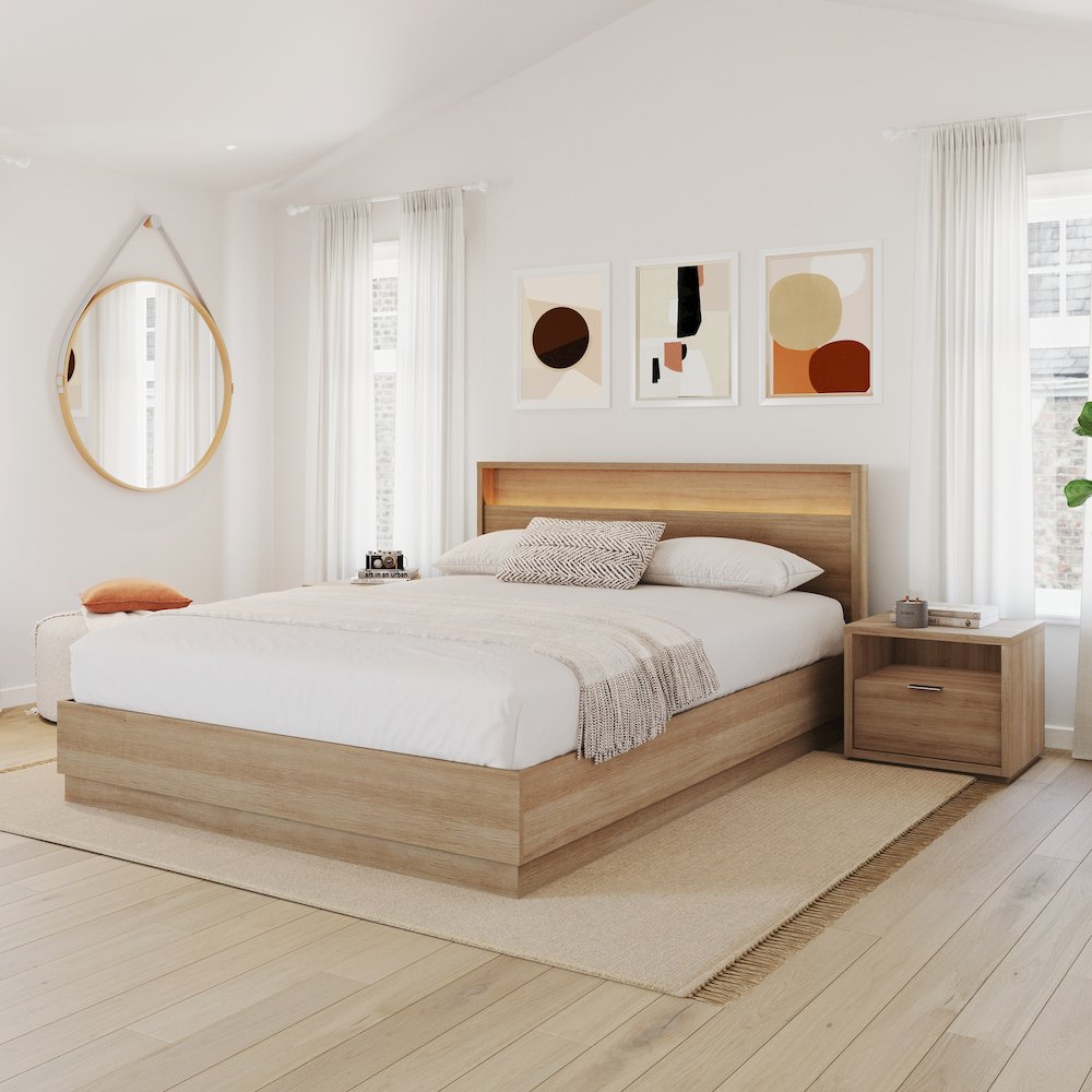 4 Piece Bedroom Set with Slatted Bedframe, Headboard with Integrated Light. Picture 4