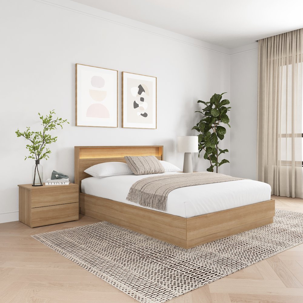 4 Piece Bedroom Set with Slatted Bedframe, Headboard with Integrated Light. Picture 4