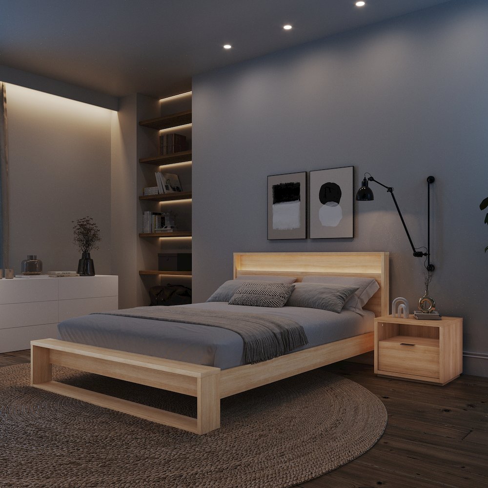 Gael 3 Piece Bedroom Set with Slatted Bedframe, Headboard with Integrated Light. Picture 5