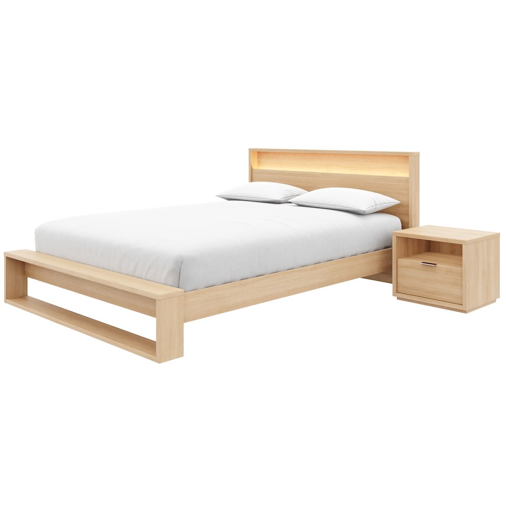 Gael 3 Piece Bedroom Set with Slatted Bedframe, Headboard with Integrated Light. Picture 1