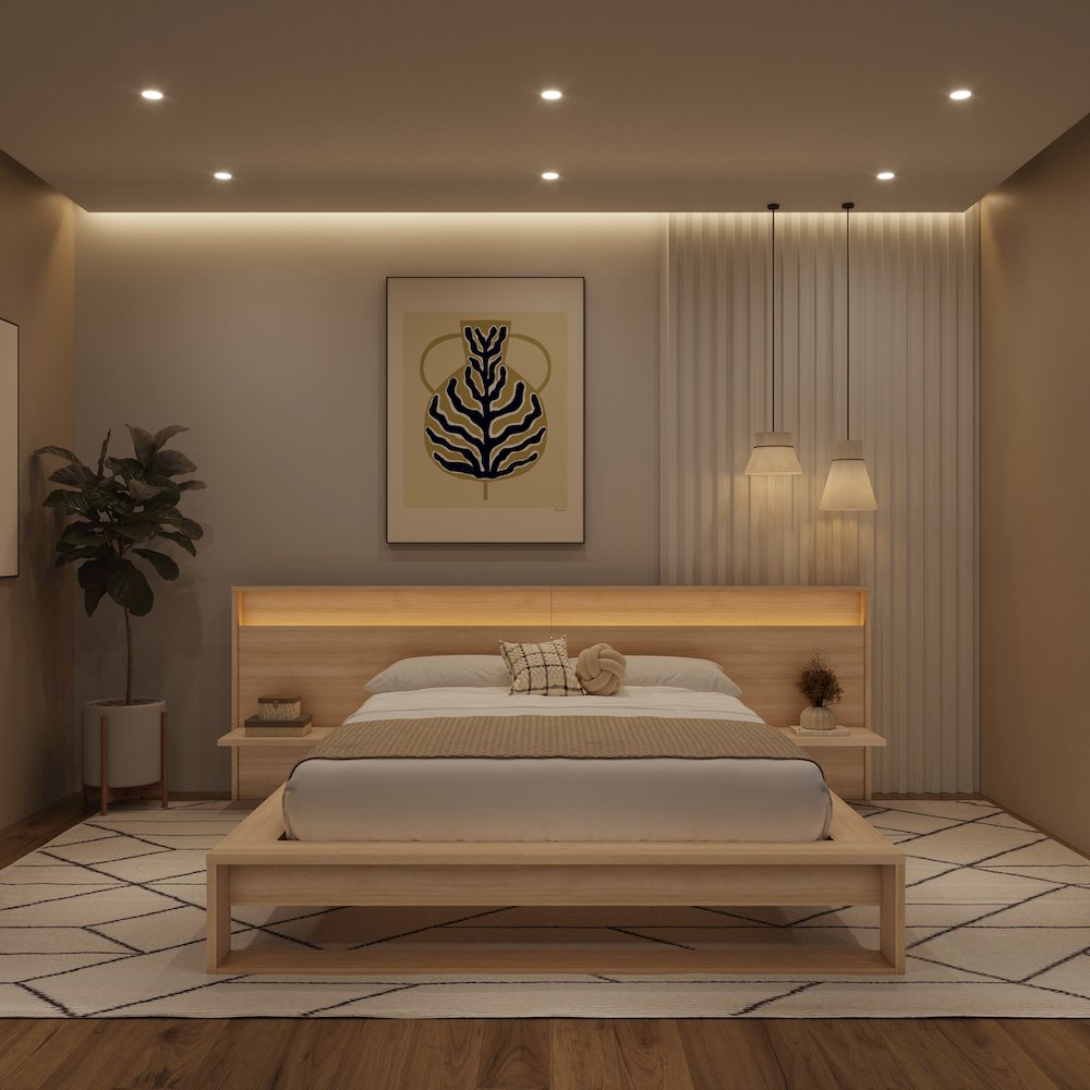 Lido Bedroom Set with Slatted Bedframe, Wide Headboard with Lights and Shelves. Picture 3