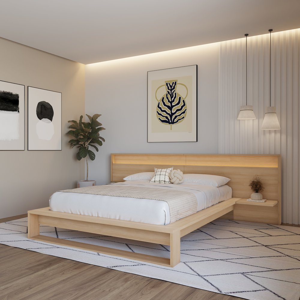Lido Bedroom Set with Slatted Bedframe, Wide Headboard with Lights and Shelves. Picture 4