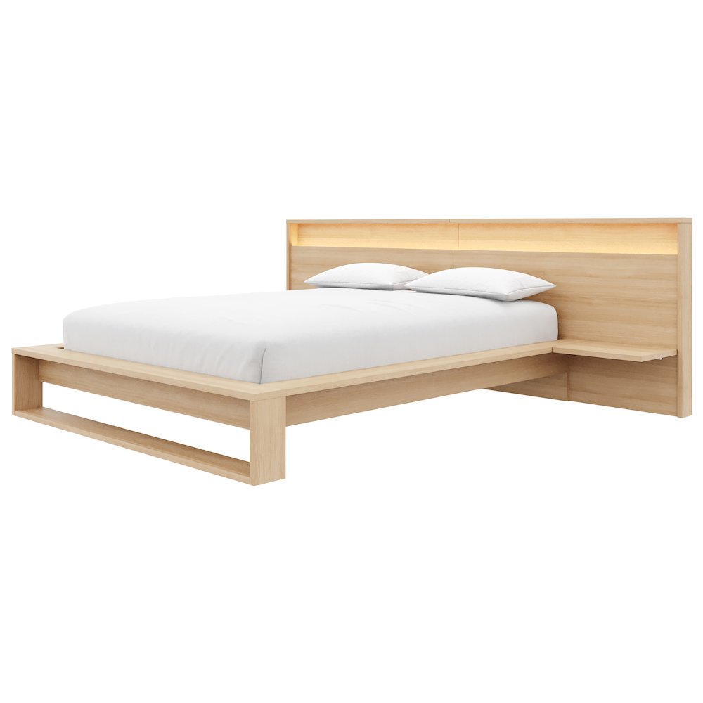 Lido Bedroom Set with Slatted Bedframe, Wide Headboard with Lights and Shelves. Picture 1