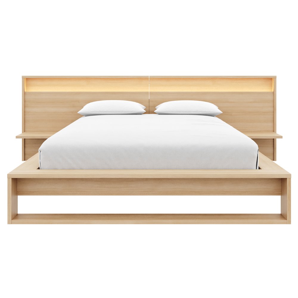 Lido Bedroom Set with Slatted Bedframe, Wide Headboard with Lights and Shelves. Picture 2