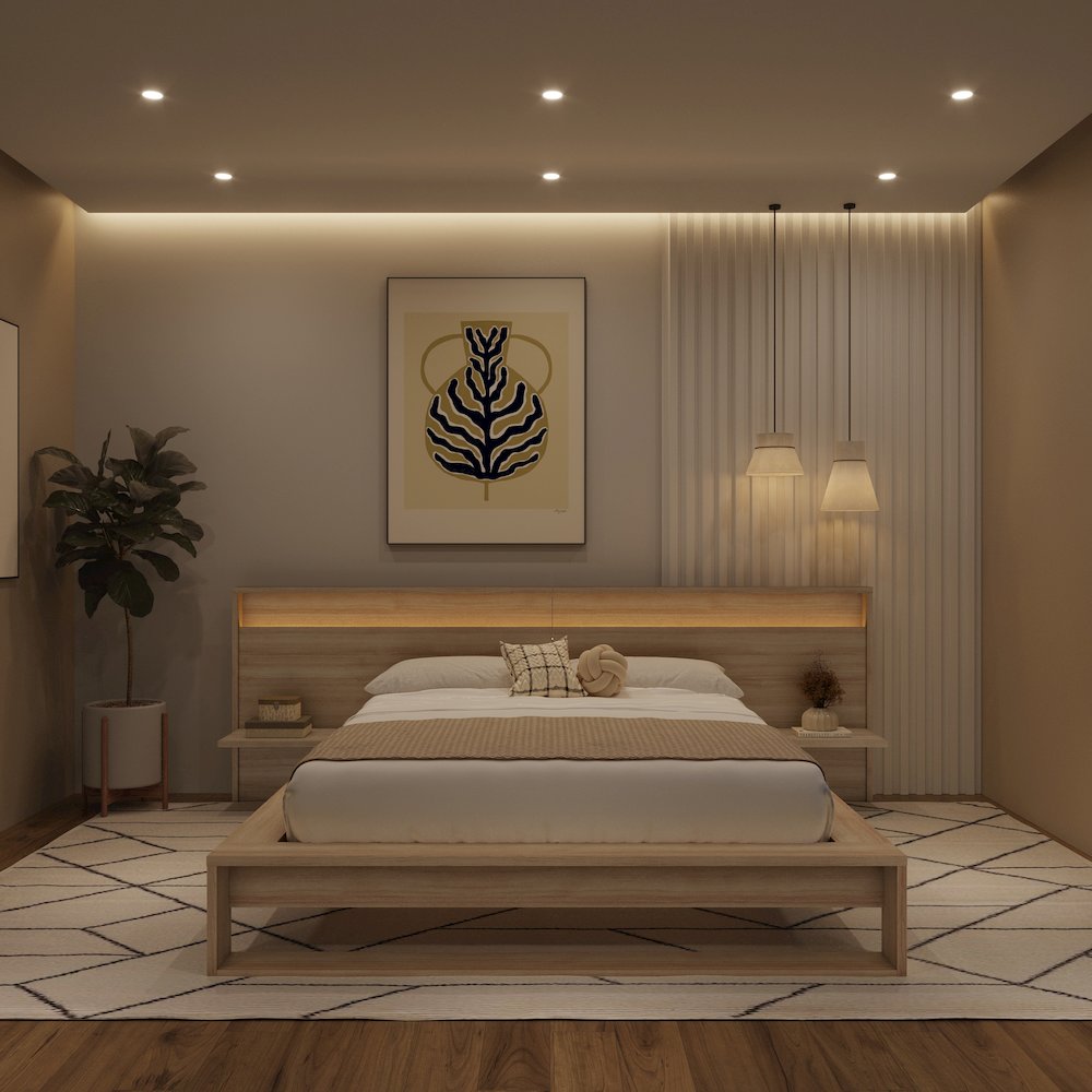 Lido Bedroom Set with Slatted Bedframe, Wide Headboard with Lights and Shelves. Picture 3