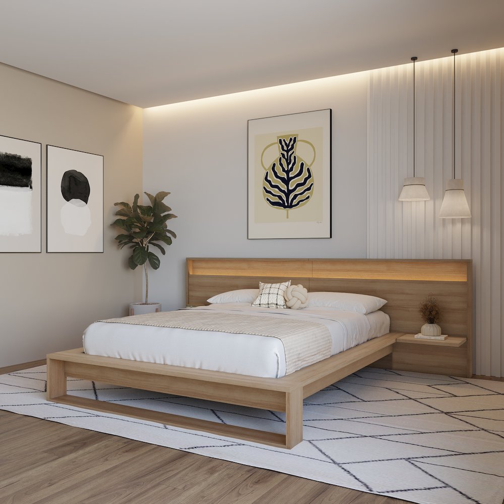 Lido Bedroom Set with Slatted Bedframe, Wide Headboard with Lights and Shelves. Picture 5