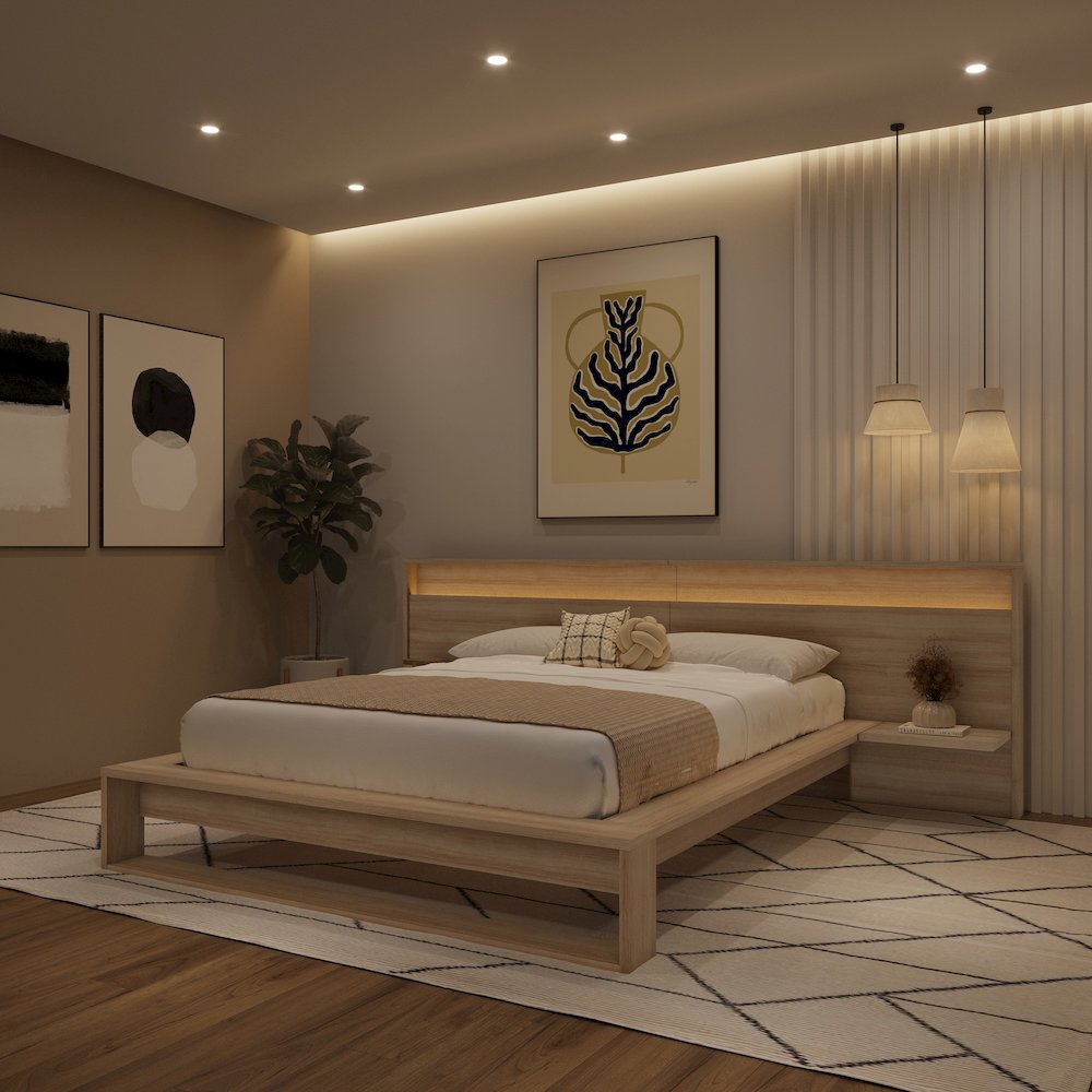 Lido Bedroom Set with Slatted Bedframe, Wide Headboard with Lights and Shelves. Picture 4