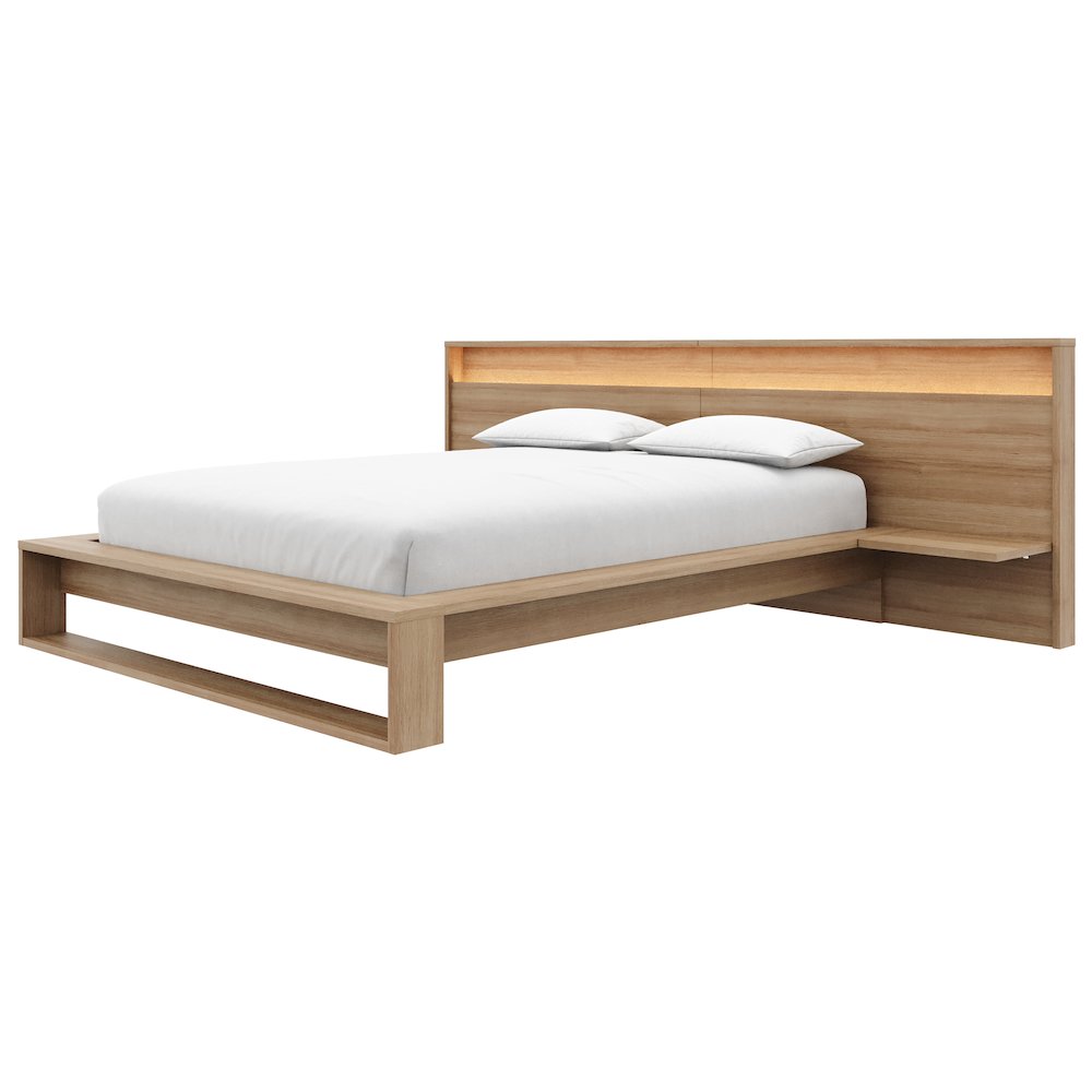 Lido Bedroom Set with Slatted Bedframe, Wide Headboard with Lights and Shelves. Picture 2