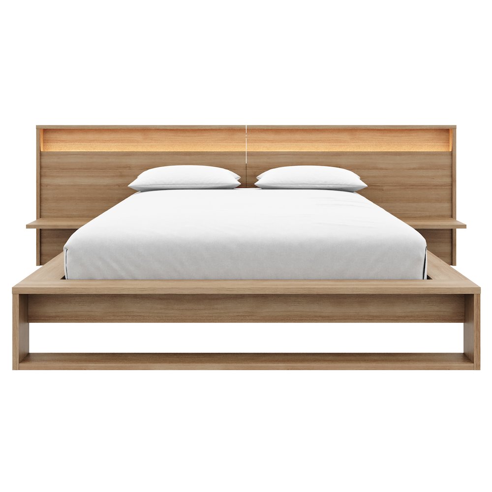 Lido Bedroom Set with Slatted Bedframe, Wide Headboard with Lights and Shelves. Picture 1