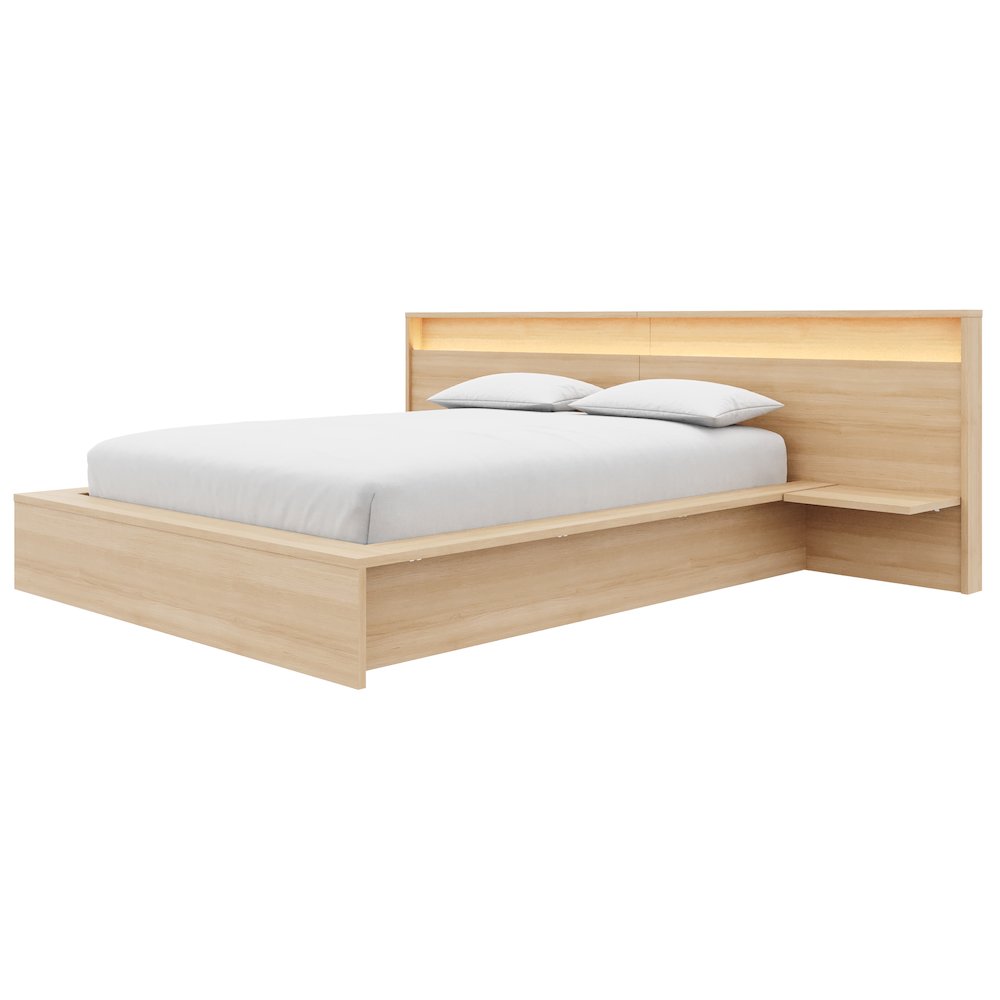 Luna Bedroom Set with Slatted Bedframe, Wide Headboard with Lights and Shelves. Picture 1