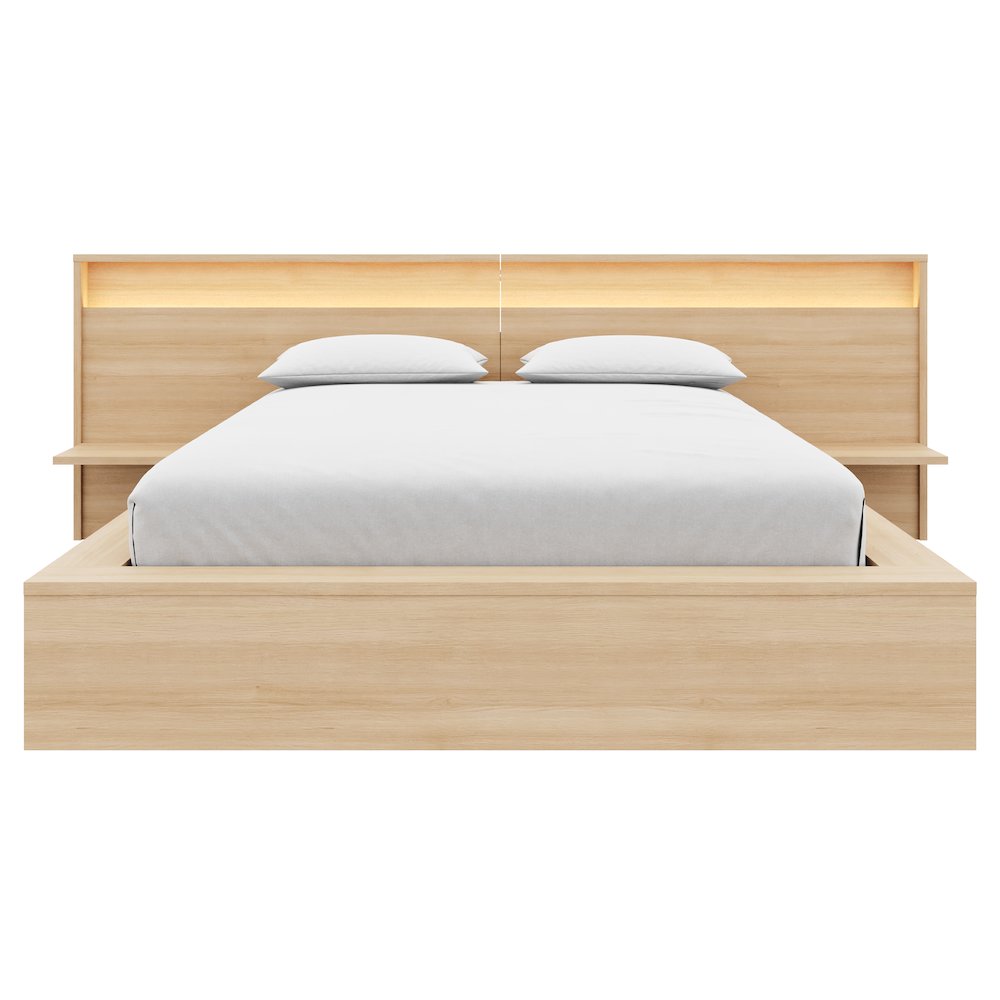 Luna Bedroom Set with Slatted Bedframe, Wide Headboard with Lights and Shelves. Picture 2