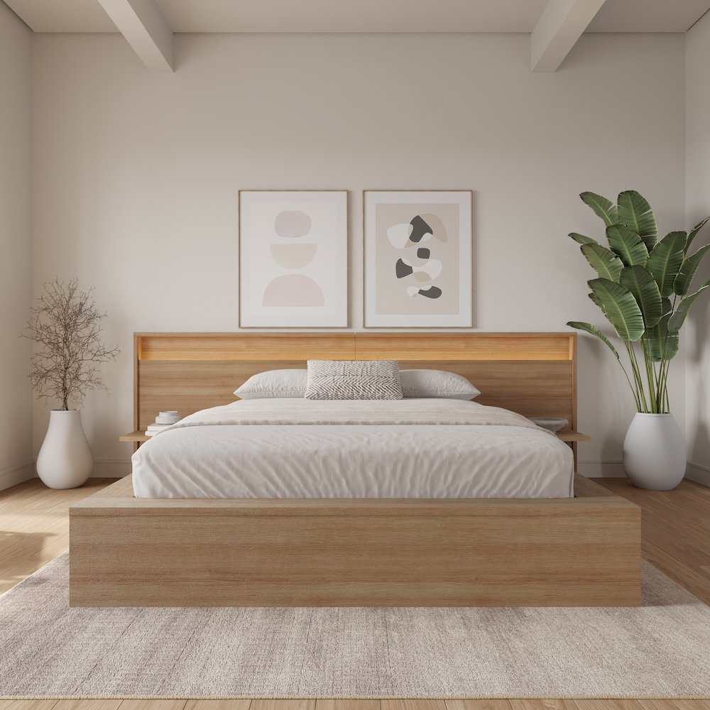 Luna Bedroom Set with Slatted Bedframe, Wide Headboard with Lights and Shelves. Picture 5