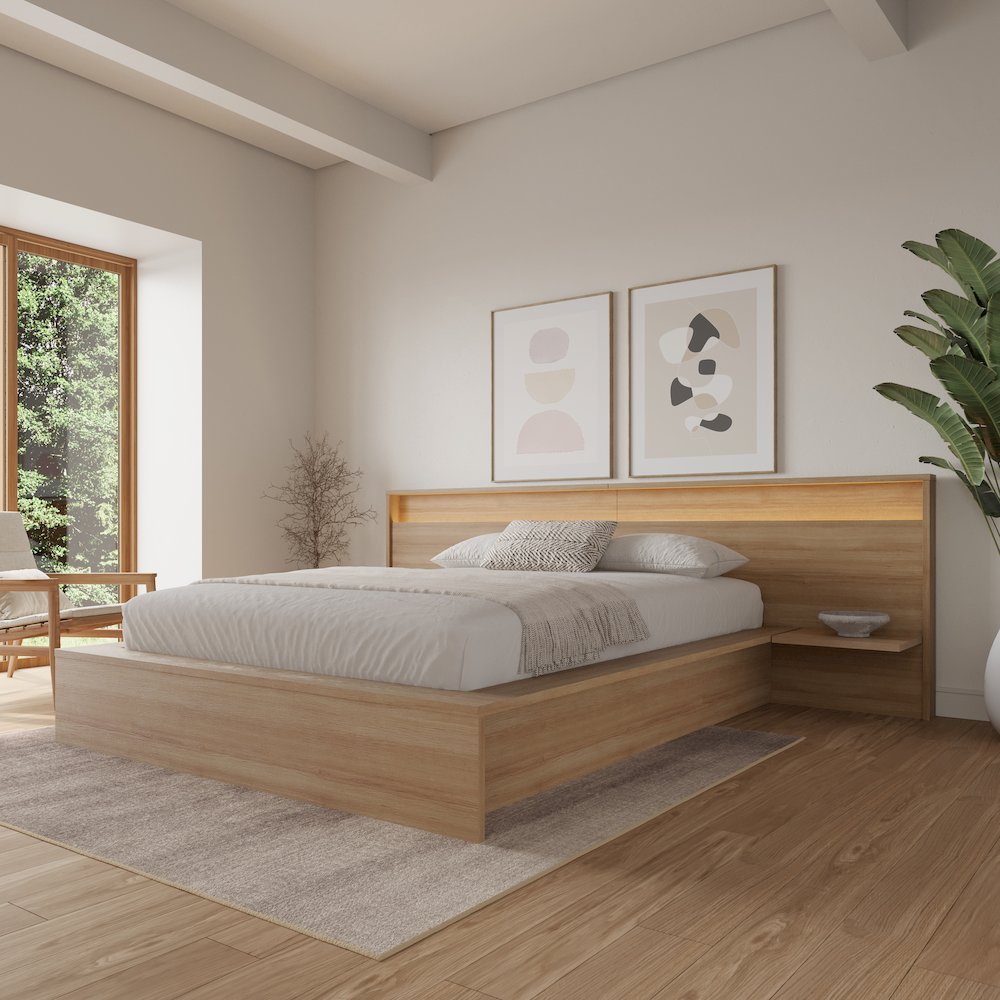 Luna Bedroom Set with Slatted Bedframe, Wide Headboard with Lights and Shelves. Picture 3